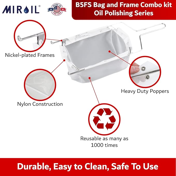 MirOil B5FS Fryer Oil Filter Bag & Frame Combo, Extends Life, Polish Hot & Cold Cooking Oil for Filtration for Deep Fryers, Fits on Top of Fryer Filter Pot, Pails & Storage Containers for Food Service
