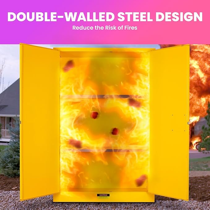 60 Gallon Flammable Storage Cabinet, 65x43x18in Galvanized Steel Safety Storage Cabinet, Adjustable Shelf Fireproof Cabinets, Flammable Liquid Storages Cabinets for Commercial Industrial and Home Use