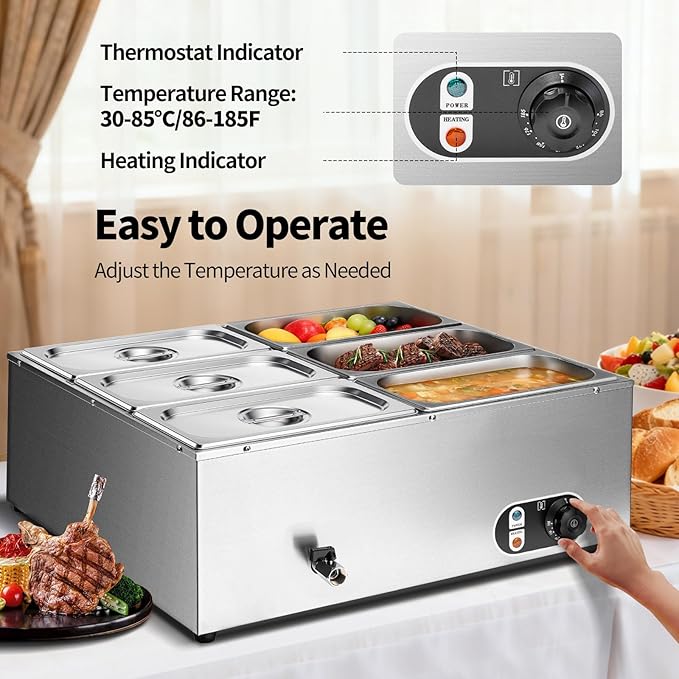 Commercial Food Warmer 48 Qt Stainless Steel Steam Table Countertop Buffet Warmer, 6-Pan 1500W Electric Bain Marie Food Warmer with Adjustable Temperature for Restaurants, Catering, Hotels