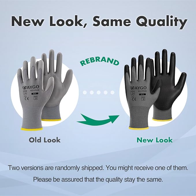 KAYGO Safety Work Gloves PU Coated, 60 Pairs KG11PB, Seamless Knit Glove with Polyurethane Coated Smooth Grip on Palm & Fingers, for Men and Women (X-Large, Gray)