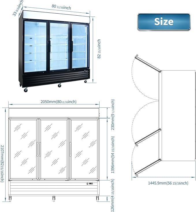 Glass Door Merchandiser Freezer 70 Cu.ft Swing Door Commercial Reach-In Display Freezers with LED Top Panel Upright Freeze Storage (3 Door)