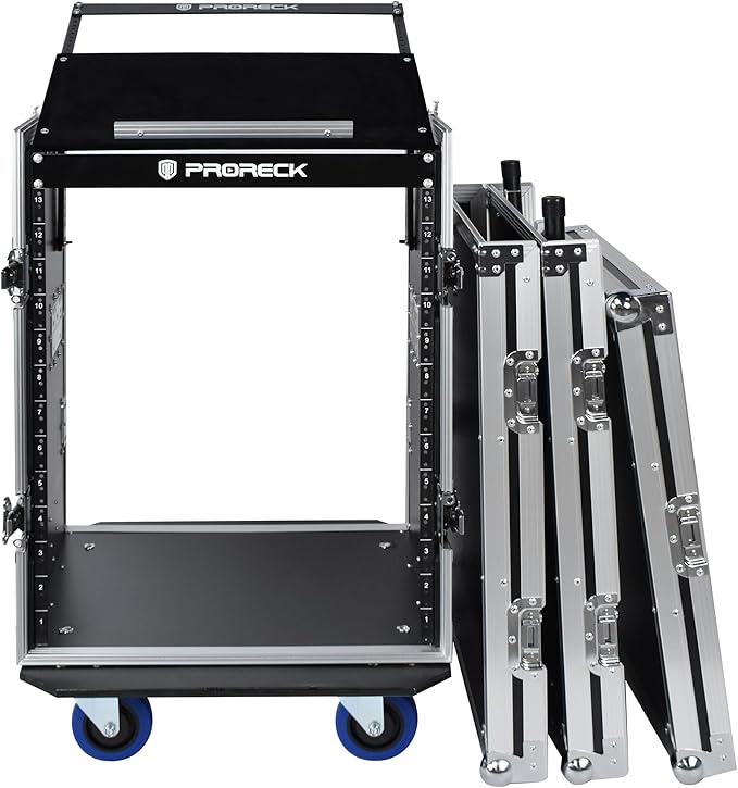 PRORECK 14U Rack/Road Case With Slant Mixer Top, One Side table And Casters, 20'' Rackable Depth, Plywood, 14U Installation Size, Pro Stage Performance.