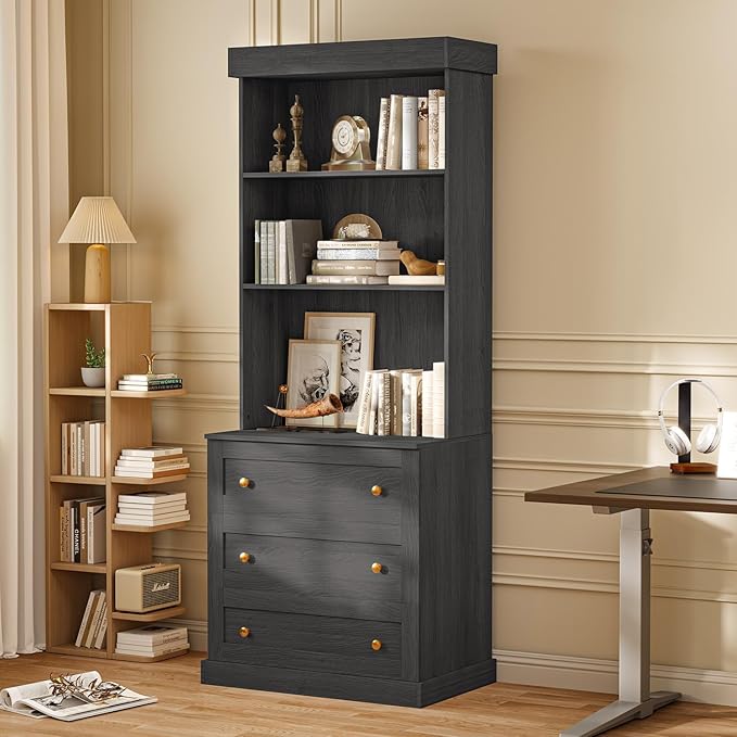 Vyre 71" Farmhouse Pantry Cabinet Set of 3, Large Storage Hutch with Glass Doors, Drawers and Adjustable Shelves, Freestanding Coffee Bar with Microwave Stand for Kitchen or Living Room, Black