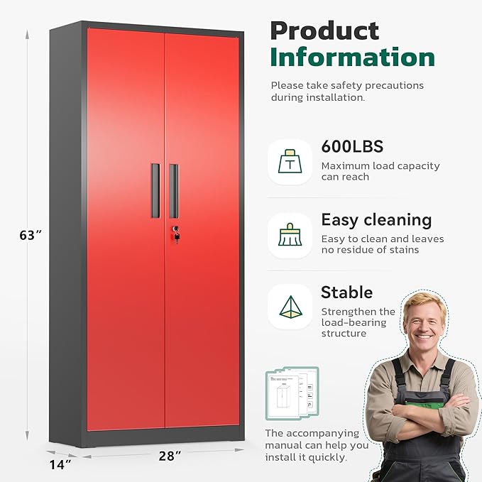 Greenvelly Metal Storage Cabinet, 63" H Locking Metal Storage Cabinet with Doors and 4 Shelves, Lockable Steel Cabinets for Kitchen, Bedroom, Living Room, Office (Red)