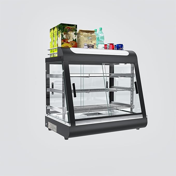 27 inch Countertop Food Warmer Display Case, 3-Tier Commercial Food Warmers with Top Rack for Milk/Bottles for Pizza/Pretzel, 3-Color Lighting, w/Thermometer for Cafeteria Kitchen Restaurant