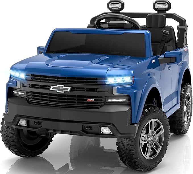 ENYOPRO 2 Seater Ride on Car for Kids, 24V Licensed Chevy Silverado LT Trail Boss Battery Powered Electric Car for Toddlers w/Remote Control, Metal Suspension, Soft Start, Bluetooth, LED Lights (Blue)