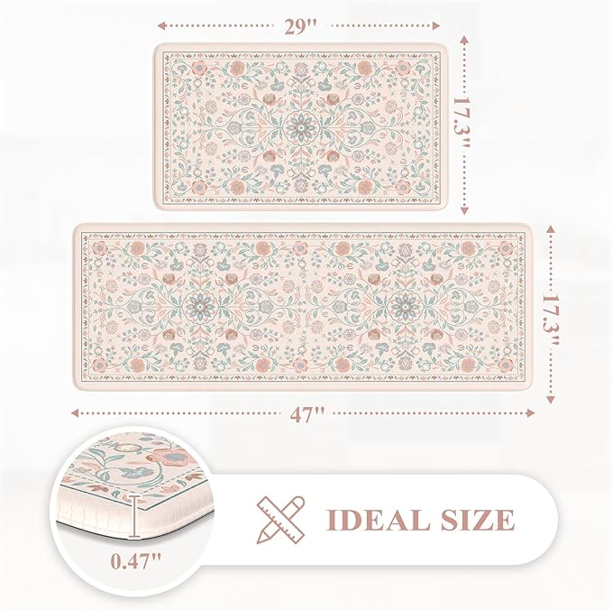 KIMODE Comfort Kitchen Mats Cushioned Anti Fatigue,Boho Floral Kitchen Rugs Sets of 2 Non Slip,Padded Memory Foam Ergonomic Standing Carpet for Laundry Sink Office,Pink