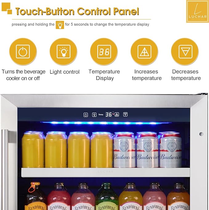 24 Inch Outdoor Beverage Refrigerator Cooler, Stainless Steel Beverage Fridge for 164 Cans, Built-in Counter or Freestanding 3-Color LED Light Beer and Drink Fridge for Bar Home Office
