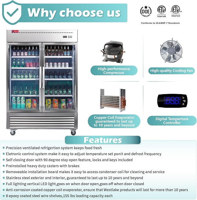 WESTLAKE 54" W Commercial Display Refrigerator 2 Glass Door Merchandiser 2 Section Stainless Steel Reach-in Glass Door Upright Fan Cooling 49 Cu.ft Cooler for Restaurant, Bar, Shop, etc