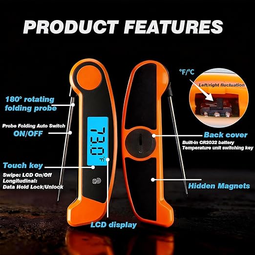 Meat Thermometer Digital Waterproof Instant Read Thermometer for Cooking ℃/℉ Convertible, Food Thermometer with Backlight, Cooking Thermometer for Kitchen Auto-Rotating Display Orange