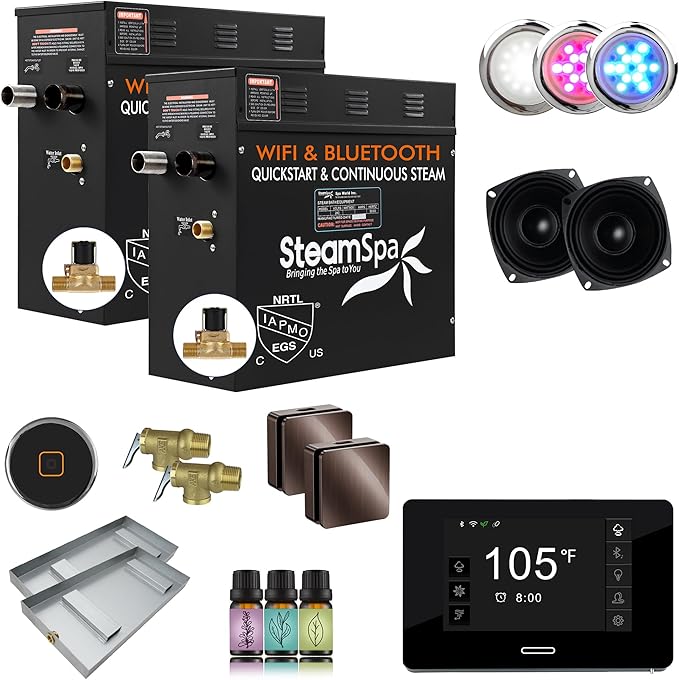 SteamSpa Steam System 21kW Steam Shower Generator with Bluetooth Wifi, Quickstart Continous Steam, Advanced Touch Pad Screen, Chroma Lights, Drain Pan and Auto Drain Oil Rubbed Bronze RVBS2100ORB-A