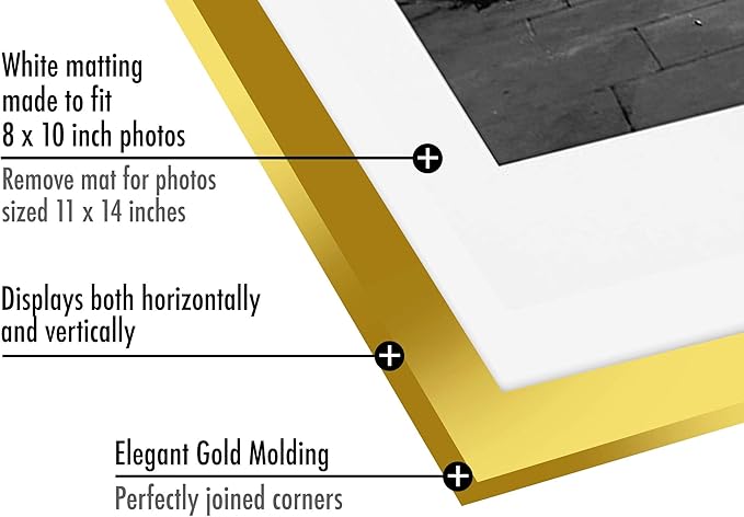 Americanflat 11x14 Picture Frame with Polished Crystal-Clear Glass - Use as 8x10 Frame with Mat or Display 11x14 Photo Without Mat - Signature Collection - Picture Frames for Wall Display - Gold