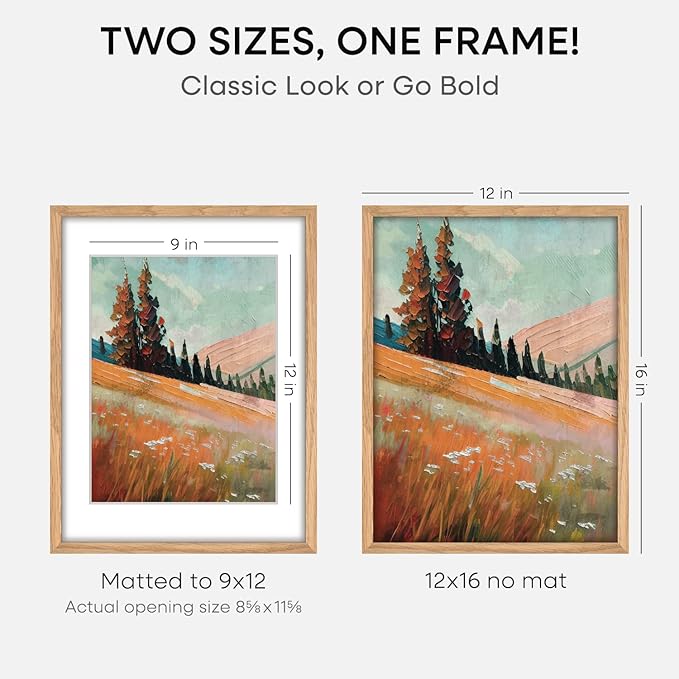 Homeforia 12x16 Wood Frame, High End Natural Oak 12x16 Light Wooden Picture Frame with Mat 9x12, 12 x 16 Poster Frames Matted to 9 by 12 Photo, 16x12 Hanging Frames, Tempered Glass, Wall Kit, Set of 2