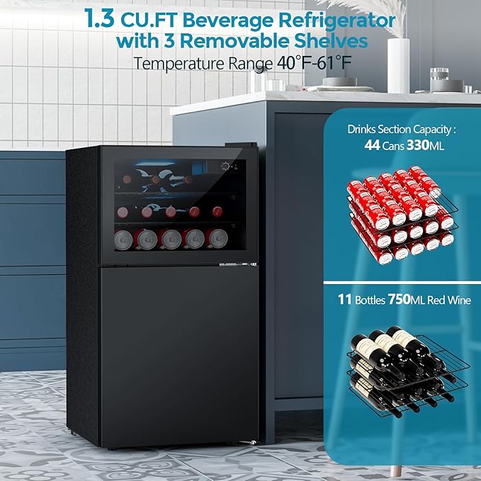 Beverage Refrigerator with Freezer, 2.6 Cu.Ft Compact Refrigerator, Reversible Door, Adjustable Thermostat, Mini Fridge for Bedroom, Office