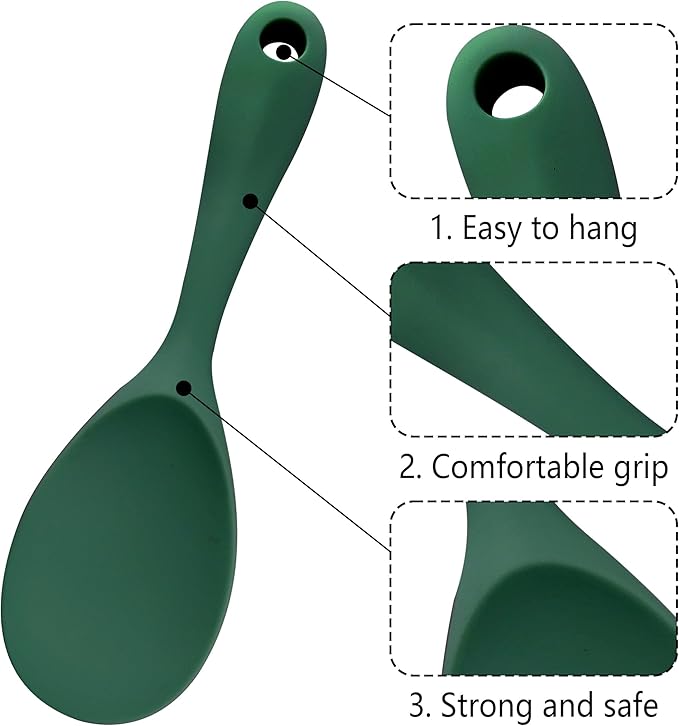 2PCS 8.8 Inch Silicone Rice Paddle Spoon, Dark Green Non Stick Rice Spatula, Heat Resistant Rice Cooker Spoon for Rice, Salads, Mashed Potato