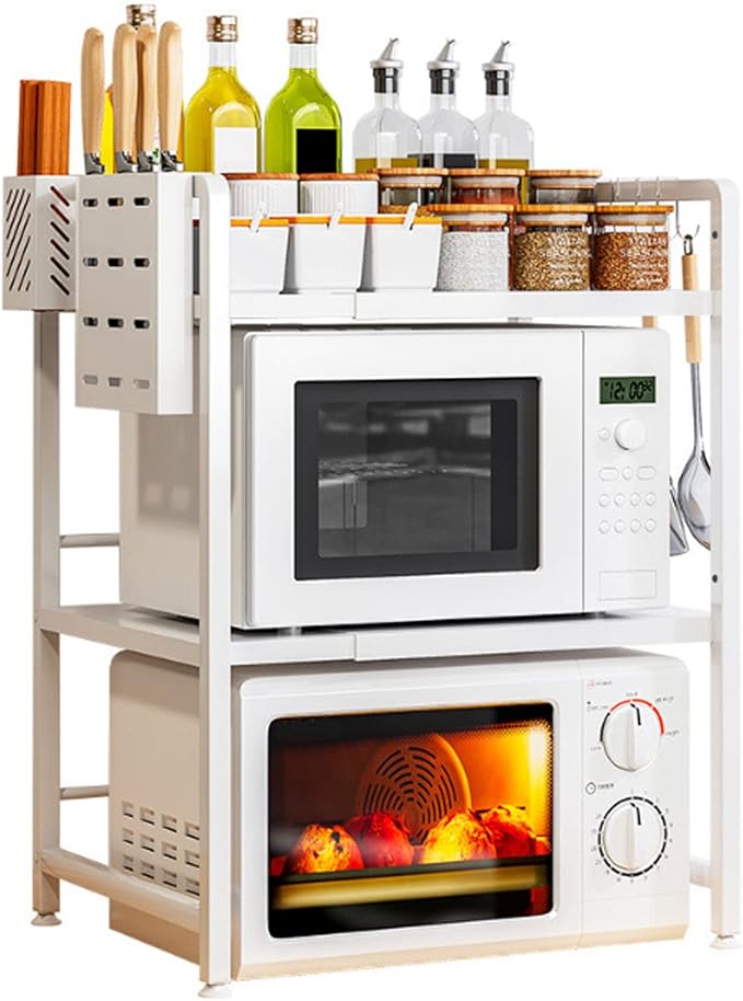 Microwave Storage Rack Retractable Microwave Rack, Hight Adjustable Horizontal Extension Utility Organizer Shelf Counter Toaster Storage Stand, 176Lbs Load Bearing, White/2Tier