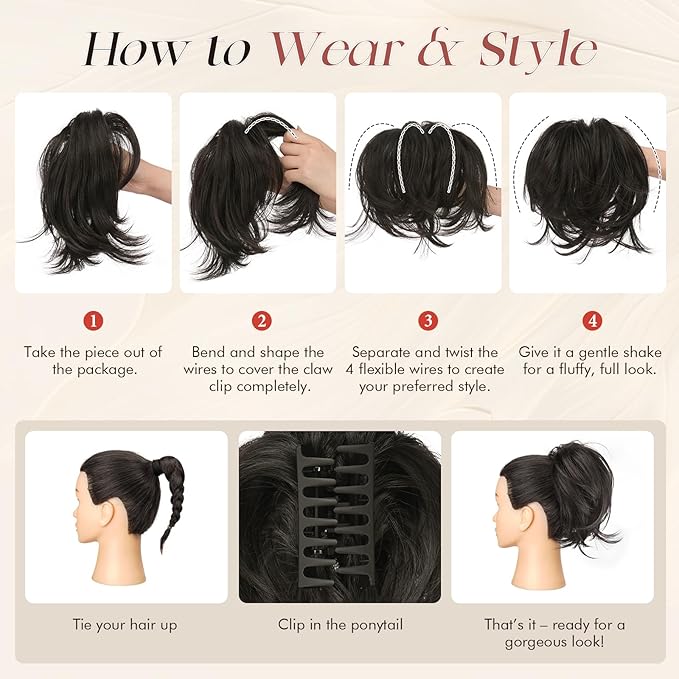 SOFEIYAN Claw Clip Short Ponytail Extension DIY Bendable Wires Hair Bun Fluffy Fake Hair Piece Straight Synthetic Hair Ponytail Extensions for Wonen - Darkest Brown/Dark Auburn Mix