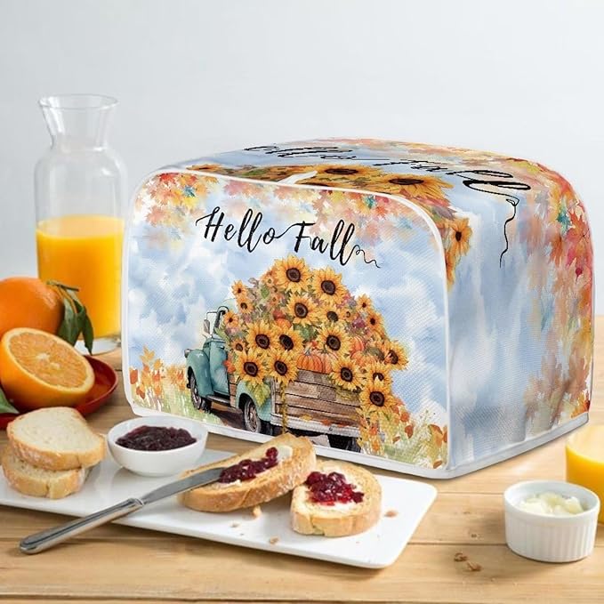 UNICEU Hello Fall 4 Slice Quilted Toaster Covers, Farmhouse Truck with Sunflower Dust-proof Toaster Bread Maker Kitchen Small Appliance Dust Cover