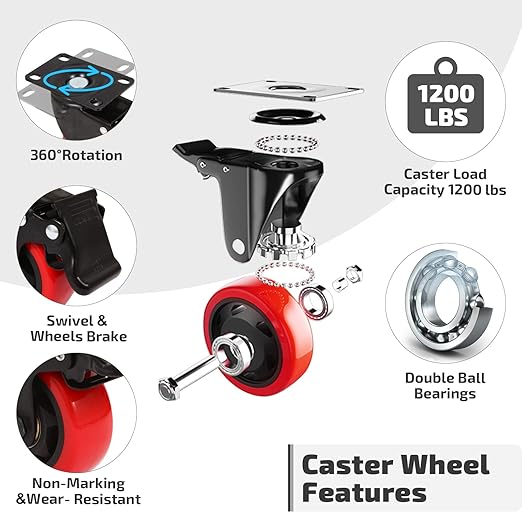 Nefish 3 Inch Heavy Duty Casters Wheels (8 Pack), Top Plate Castor Wheels with Brake, 360 Degree Durable Locking Furniture Swivel Cart Wheels, No Noise Polyurethane Wheels for Cabinet, Workbench