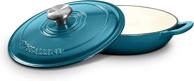 Signature Enameled Cast Iron Braiser, Non-Stick Serving Pot with Tight Fitting Lid for Perfect Roasting, Baking, Sauteing, Searing, and Pan Frying | 5Q (4.7L) - Ocean Blue