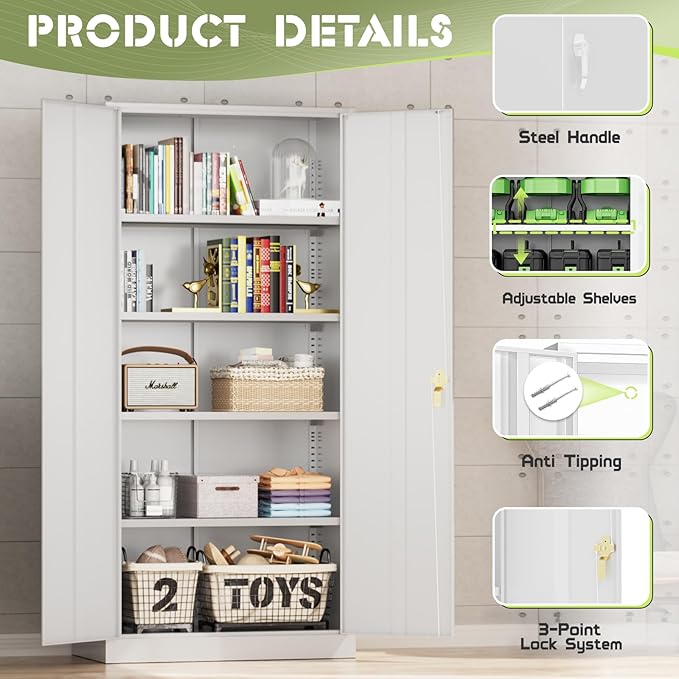 Oakmont Metal Storage Cabinet for Tool Organization, 72" Lockable Garage Storage Cabinets with 2 Doors and 4 Adjustable Shelves, Locking File Cabinet for Office, Home, School (72“ Wide-White)