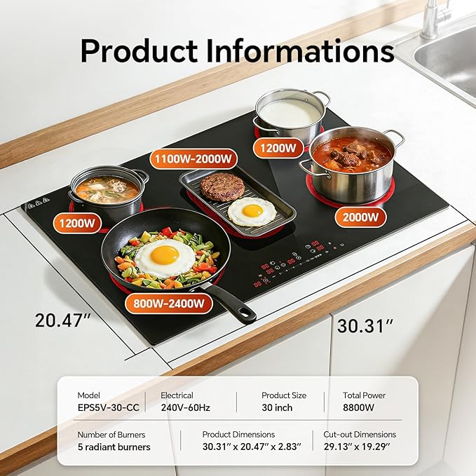 Ranein Electric Cooktop with 5 Burners, 30 inch 8800W 240V Ceramic Panel Electric Cooktop, Multiple Safety Protections Stove, Touch Screen