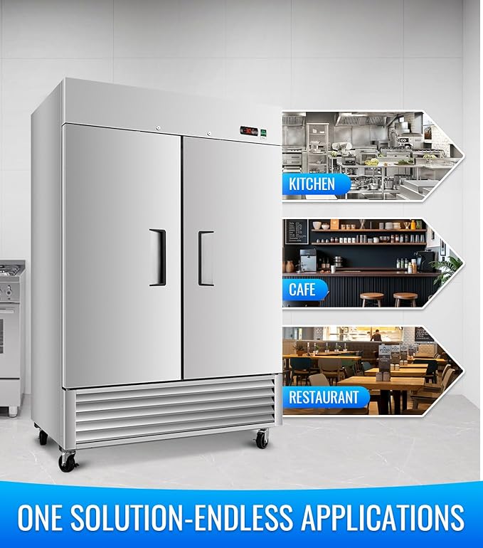 54" W Commercial Refrigerator, 49.6 Cu.ft Reach-In Double Door Stainless Steel commercial fridge, 6 Shelves, Fan Cooling, Auto Defrost, Digital Thermostat - Ideal for Restaurant, Bar, Cafe, Shop