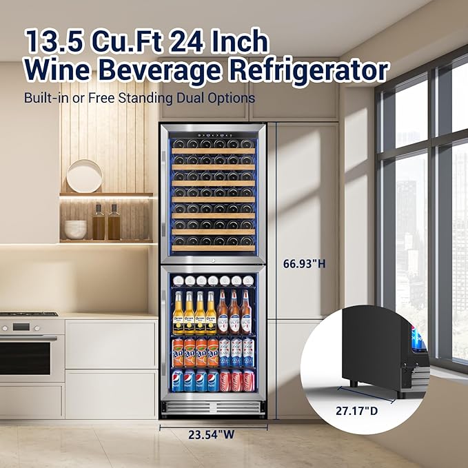 Tylza 24'' Wine and Beverage Refrigerator, Dual Zone Wine Fridge with 190 Cans and 90 Bottles, Upgraded Compressor, Low-E Tempered Glass, Safety Lock, 2 In 1 Beverage Fridge for Home or Commercial