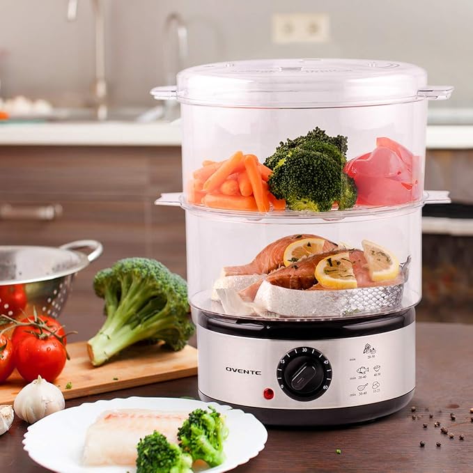 OVENTE 2-Tier Electric Food Steamer, 5 Quart Stainless Steel Stackable Steam Cooker with 400W Power, 60-Minute Timer & Auto Shut-Off, Dishwasher Safe, Healthy Vegetable & Seafood Steamer, Silver FS62S