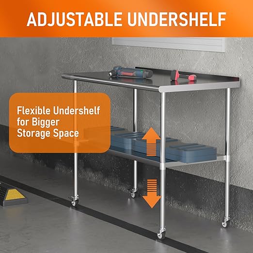 Stainless Steel Prep Table 24" X 48" with Adjustable Undershelf, Backsplash and Wheels, Commercial Metal Workstations for Kitchen, Garage, Outdoor BBQ