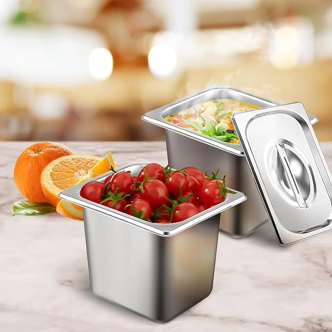 6 Set Stainless Steel Hotel Pans 1/6 Size 6 Inch Deep With Lids, Anti-Jam Chafing Steam Table Pans, Catering Food Storage Metal Pan