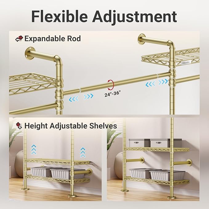 Timate F3 Garment Rack Heavy Duty Clothes Rack for Hanging Clothes, Expandable Industrial Pipe Wall Mounted Clothing Rack, Adjustable Storage Wardrobe Closets Kit Walk in Closet Systems, Gold