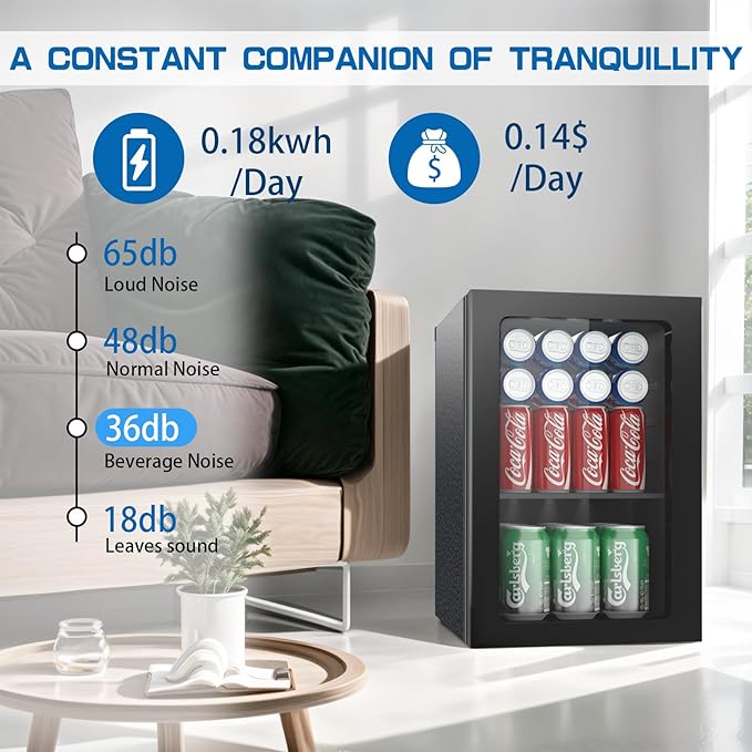 Beverage Refrigerator Cooler, 0.9 Cu/24 Can Drink Fridge with Adjustable Shelves & Clear Door for Soda Wine Beer, Countertop Mini Fridge, Compact Design for Home/Office/Bar (40-61 ℉) Black