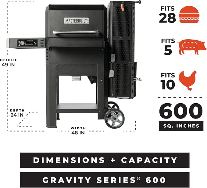 Masterbuilt® Gravity Series® 600 Digital Charcoal Grill and Smoker,WiFi Technology, GravityFed™ Charcoal Hopper, 600 Cooking Sq. Inches, Reversible Smoke&Sear Cast Iron Grates, Black, Model MB20041023