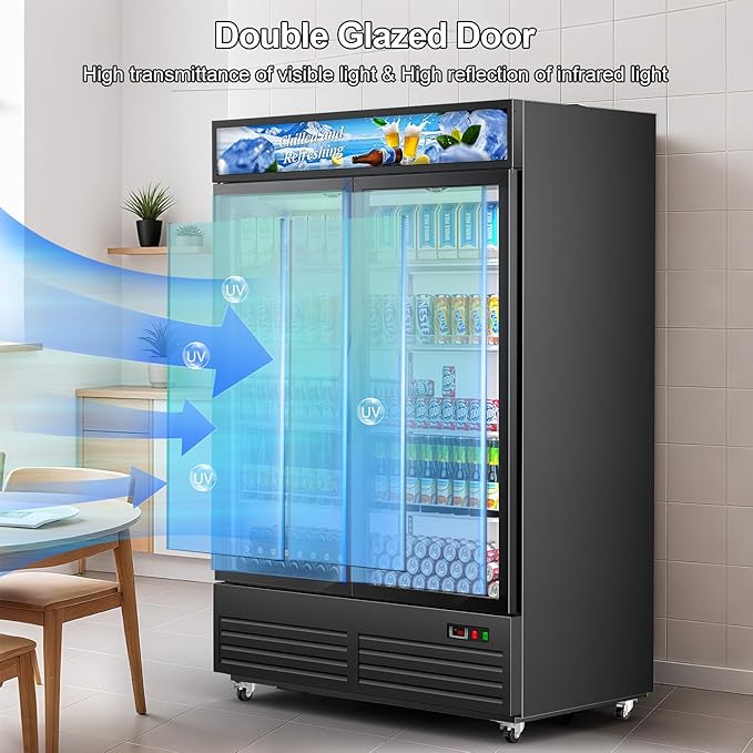 Tylza Commercial Refrigerator, Double Glass Door Display Beverage Fridge, 41.3 Cu Ft Upright Beverage Cooler Merchandiser with Replaceable Advertising Light Board, Rebound Door, Fast Cooling, Black