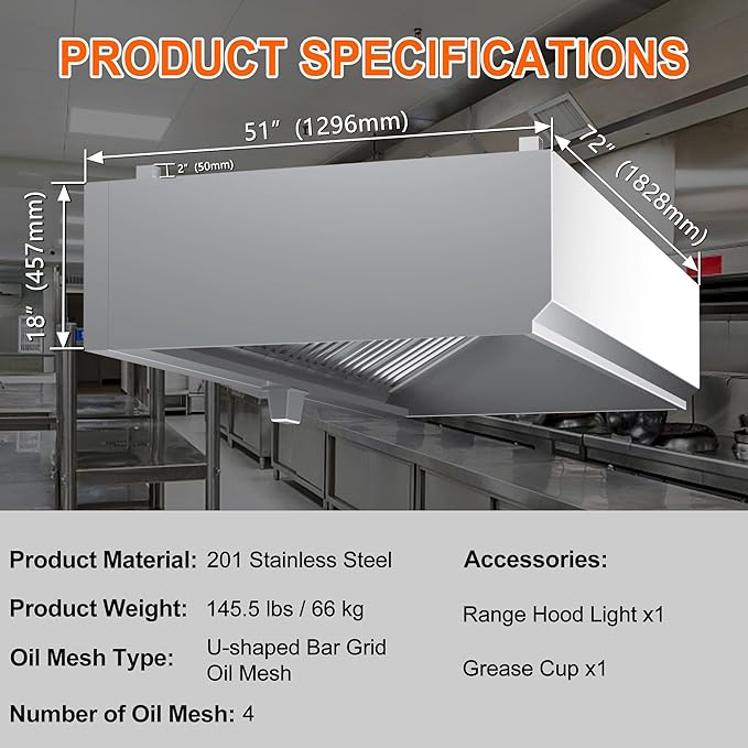 Commercial Exhaust Hood 6 FT Stainless Steel Concession Trailer Hood with 4 Removable Hood Filters(No Motor), Grease Cup and 1 Hood Light, Rust Resistant Vent Hood for Commercial Kitchen, NSF Listed