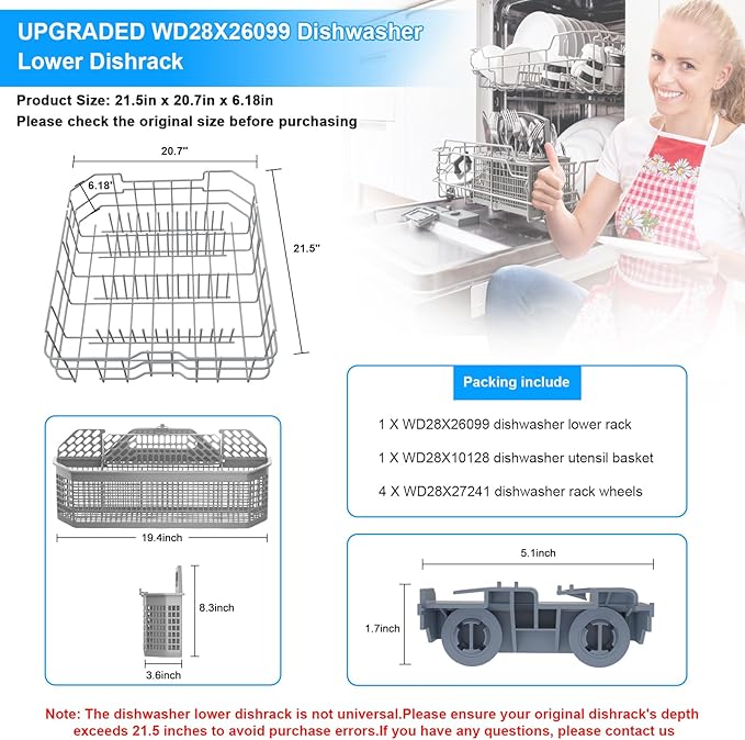 UPGRADED WD28X26099 WD28X34744 Dishwasher Lower Rack Compatible with GE Dishwasher Rack Replacement Parts WD28X24396 WD28X22659 WD28X28918 GDF510PSM0SS GDF510PSD1SS GE Dishwasher Rack Parts with Wheel