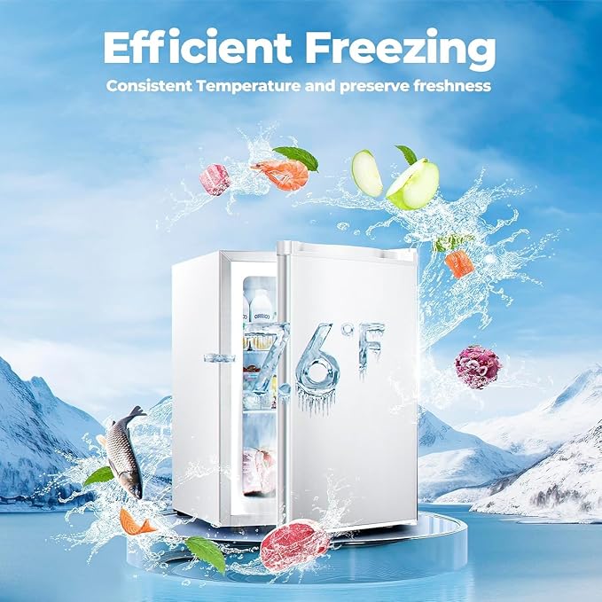 2.1 Cu.ft Small Freezer, Mini Upright Freezer with 7 Adjustable Thermostat, Removable Shelves, Reversible Single Door, for Bedroom/Home/Dorms/Apartment (White)