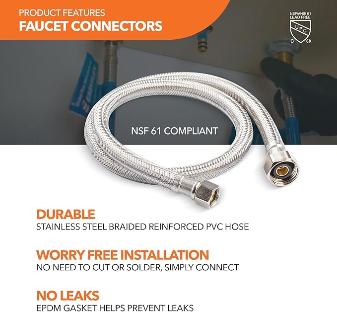 Stainless Steel Braided Water Connectors with Reinforced PVC Inner Hose for Faucets, 3/8" Compression x 1/2" FIP, 20" Length (2Pack)