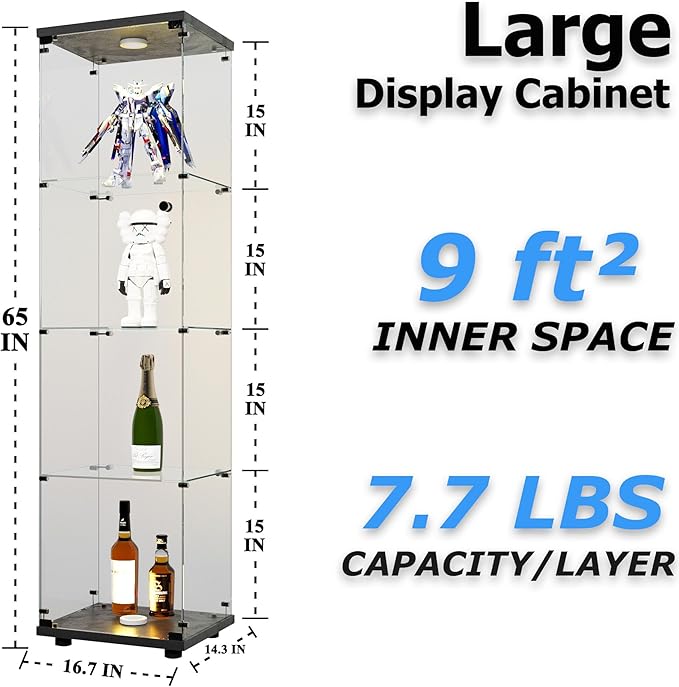 4-Shelf LED Lights Glass Display Cabinet, Floor Standing Glass Curio Cabinet with Door & Lock, Bookshelf, Toys & Trophy Display Case for Living Room, Bedroom & Exhibition Hall (Black)