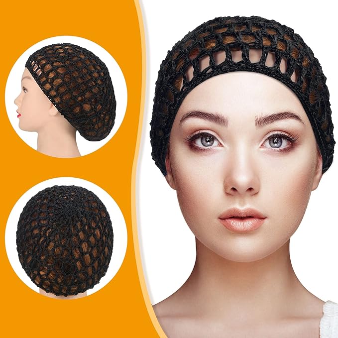 Geyoga 4 Pieces Mesh Crochet Hair Net Rayon Knit Snood Hat Thick Short Women Hairnet Snoods Cover Ornament for Sleeping (Black, Gray)
