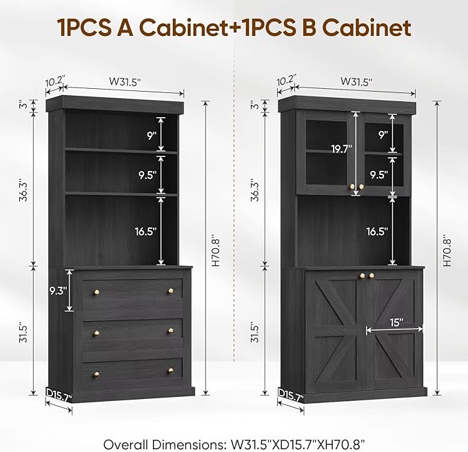 Vyre 71" Farmhouse Kitchen Pantry Cabinet, Black Freestanding Coffee Bar Hutch with Glass Doors, Drawers & Adjustable Shelves, Microwave Stand Storage Organizer for Living Room & Kitchen, Set of 4