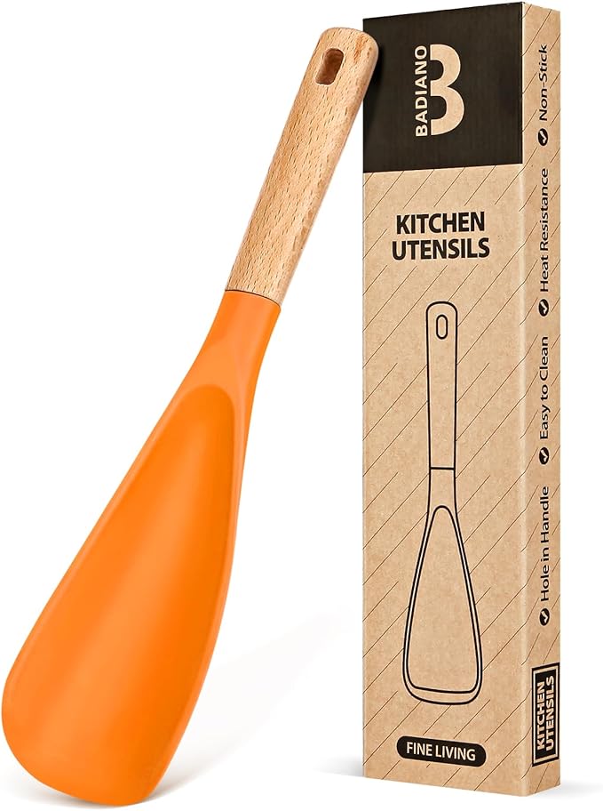 Cooking Spoon for Nonstick Cookwares, Great for Cooking and Serving Sturdy BPA-Free Matte Silicone, Wood Handle Spoon for Mixing, Scoop, and Scrape (ORANGE, 11.4 inch)
