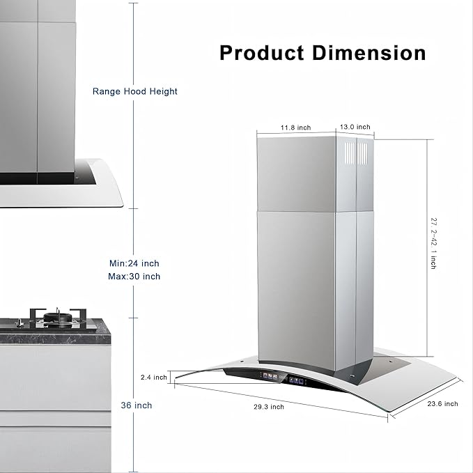Island Range Hood 30 Inch 700 CFM Ceiling Mount Kitchen Vent Hood Tempered Glass with Color Gesture Sensing & Touch Control, 3 Speed Fan, 4 LED Lights, Permanent Filters