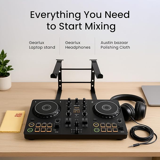 Pioneer DJ AlphaTheta DDJ-FLX2 Compact 2-Channel DJ Controller Bundle with Laptop Stand, Headphones, and Austin Bazaar Polishing Cloth