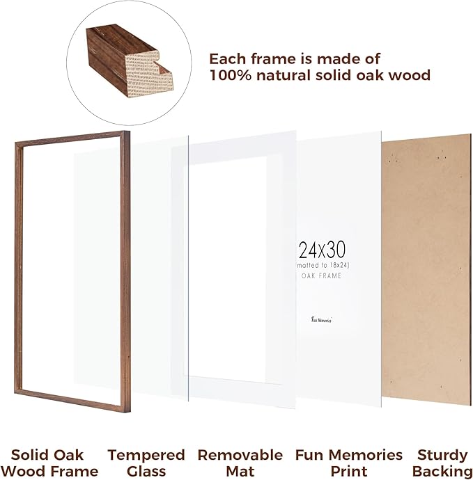 Fun Memories 24x30 Oak Wood Picture Frame, 24"x30" Poster Frame for Wall, 24 by 30 Frame with Tempered Real Glass, 24x30 Matted Frame for 18x24 Picture, 24x30 Inch Photo Frames (Walnut Color, 1 Pack)
