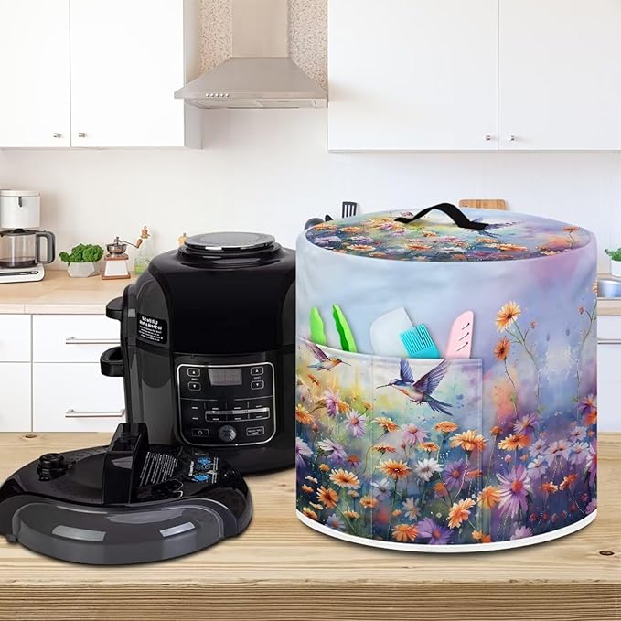 Xoenoiee Hummingbird Beautiful Floral Print Pressure Cooker Cover Kitchen Appliance Dust Cover with Pockets Compatible with Rice Cooker Air Fryer Slow Cooker, for 8 Qt Pot