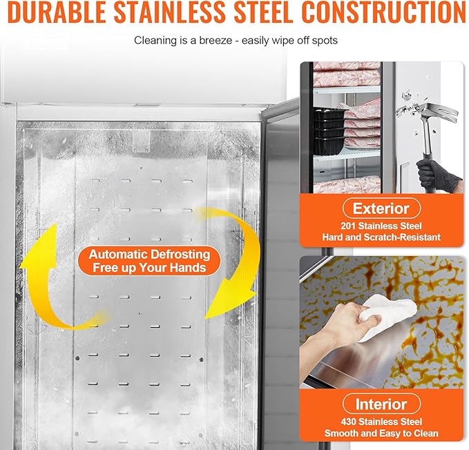 VEVOR Commercial Freezer 19.32 Cu.ft, Reach In 27" W Upright Freezer Single Door, Auto-Defrost Stainless Steel Reach-in Freezer with 4 Adjustable Shelves, -13 to 5℉ Temp Control, LED Light, 4 Wheels
