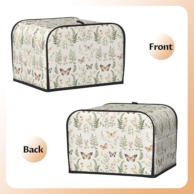 4 Slice Toaster Cover for Kitchen Botanical Wildflower Leaf Butterfly Waterproof Dustproof Toaster Dust Cover with Side Pockets Decorative Universal Cover for Wide Slot Toasters Small Appliances