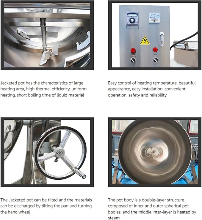 Jacketed Kettle 26.5Gallon Jacketed Kettle Large Electronic Tilting Sugar Jam Gas Boiling Machine Commercial Electric Jacketed Pot with Stirring and Edge Scraping 220V 60HZ Three-phase 1100W